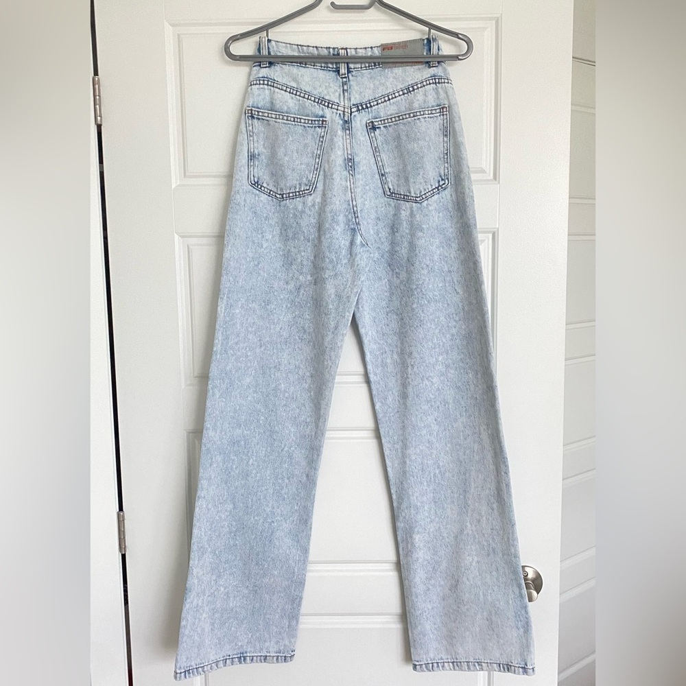 Side Slit Slash Pocket Straight Jeans, Non-stretch  Wide Leg Denim Pants